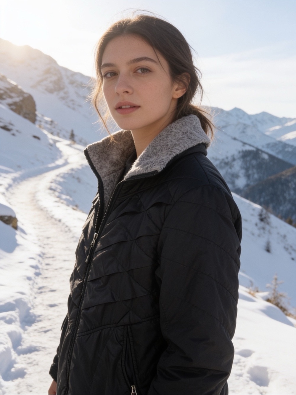 Quilted Black Puffer Jacket with Sherpa Collar